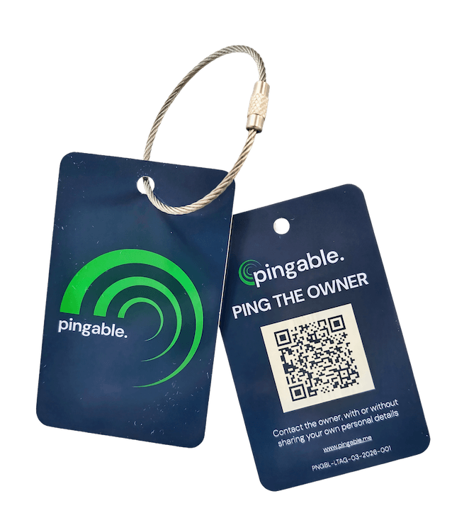 A pair of metal Pingable tags with a QR code and a stainless steel cable loop